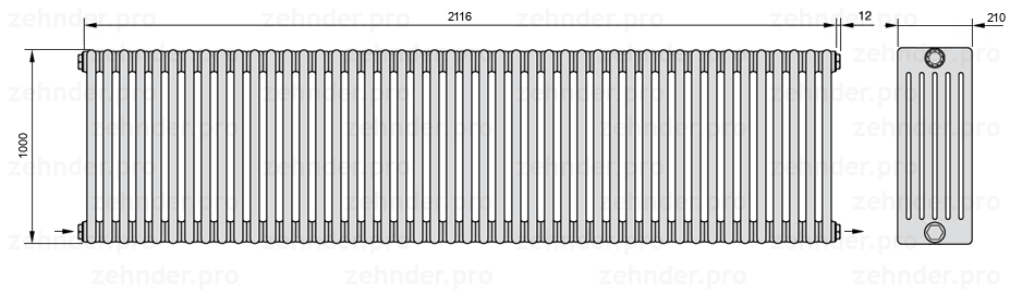 Схема (чертеж) Радиатор Zehnder Charleston 6100/46 №2670 Белый глянцевый RAL 9016